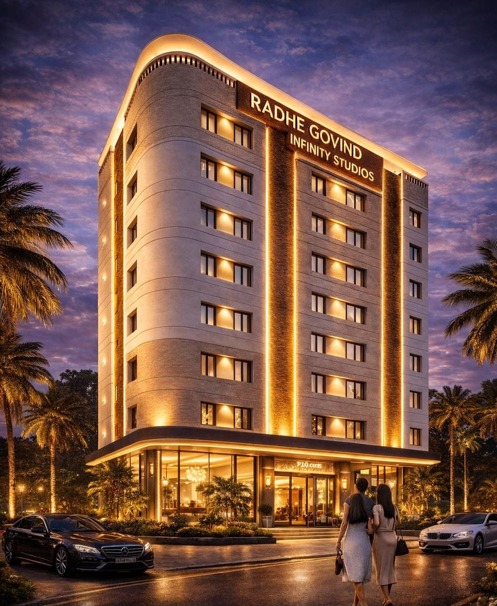 Radhe Govind Infinity Studios building elevation at night
