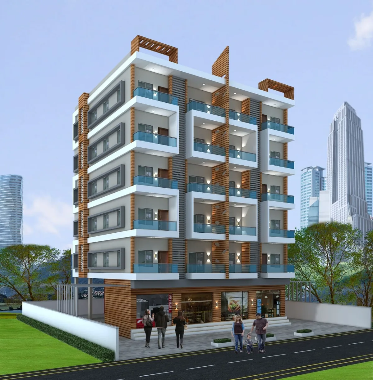 Multi-storey apartment building with ground-floor retail frontage