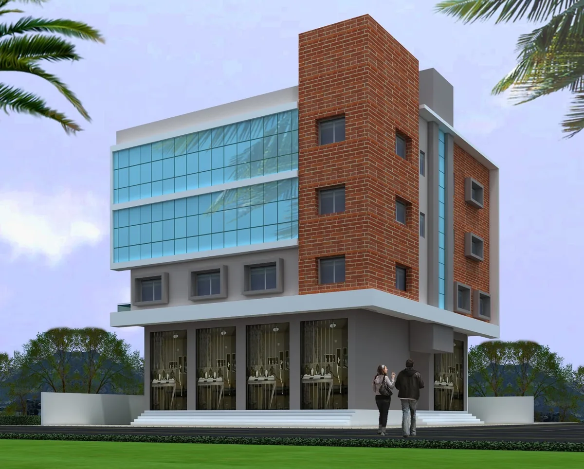 Modern commercial building with glass and brick facade