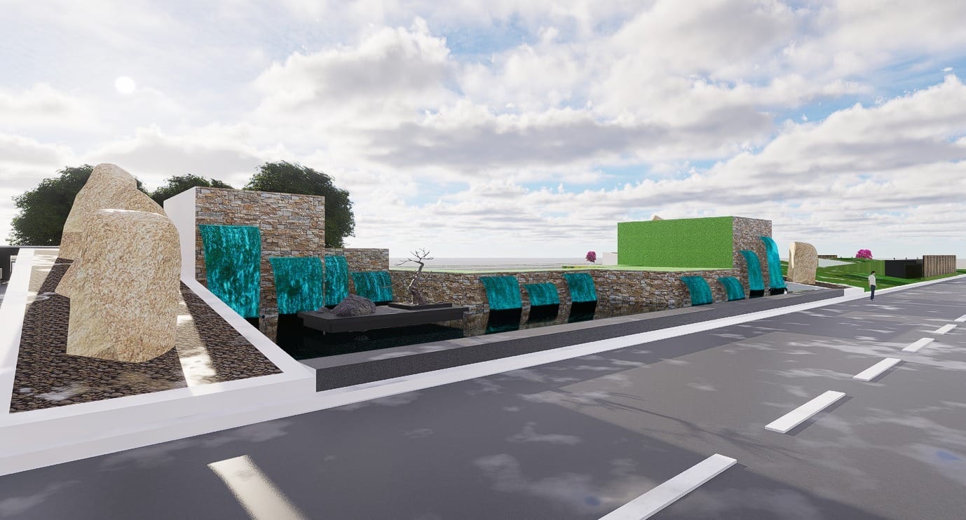 Landscape water feature plaza concept design with stone cladding