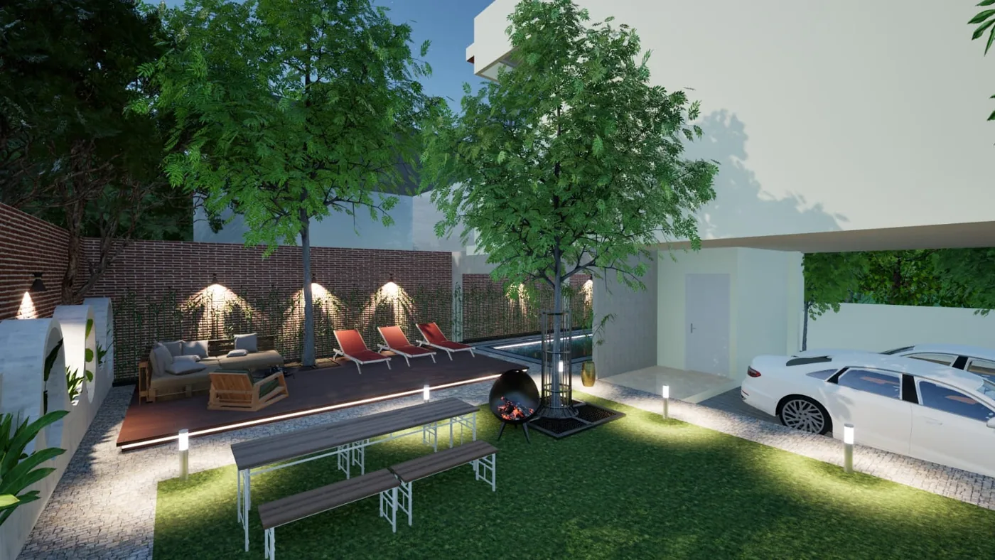Poolside deck and garden with landscape lighting concept design