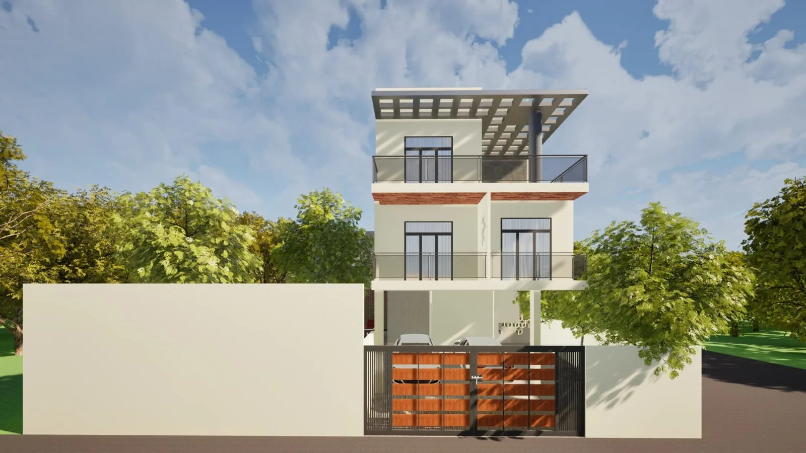 Modern multi-storey residential building elevation with a rooftop pergola