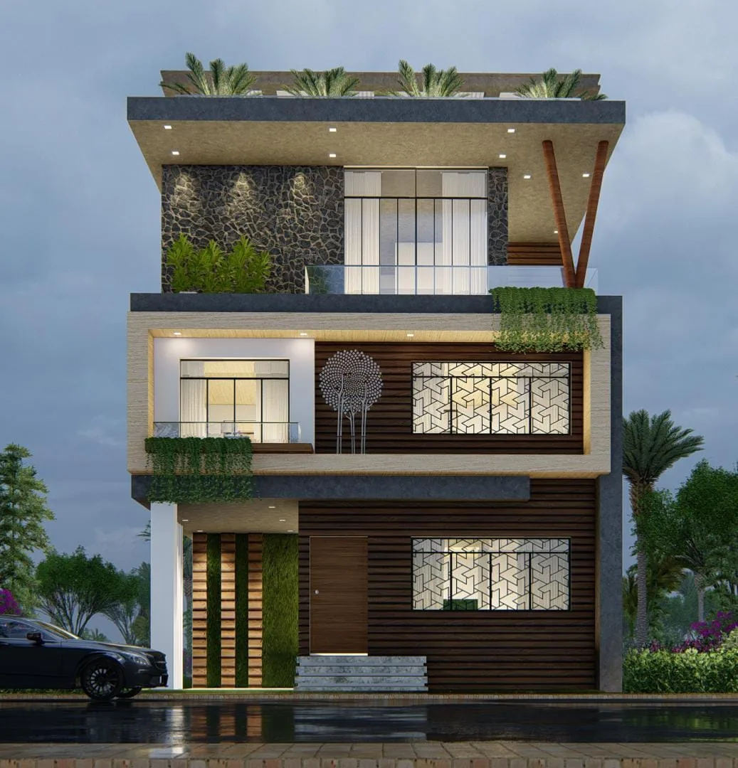 Luxury villa concept elevation with stone and timber cladding